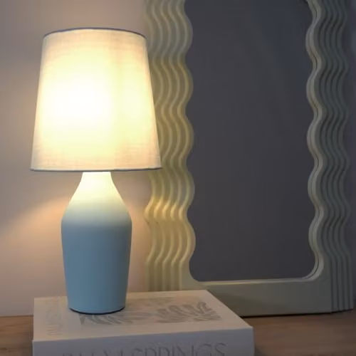 ValueLights Set of 2 Duck Egg Blue Ceramic Table Lamps with Tapered Fabric Lampshades and LED Bulbs Included – 2