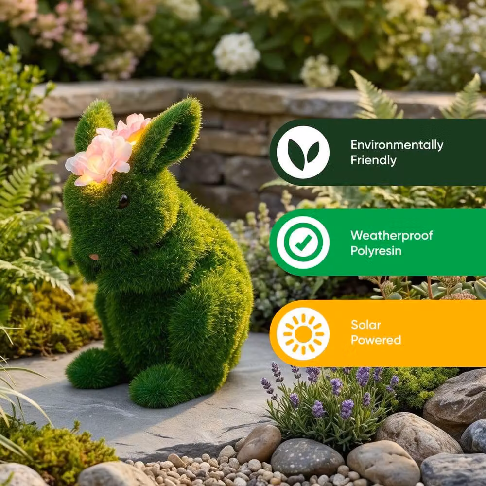 Gardenwize Solar Topiary Bunny Garden Ornament with Pink Flowers in Green – 3