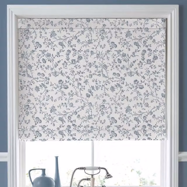Laura Ashley Aria Made To Measure Blackout Floral Roman Blind in Dark Seaspray Blue