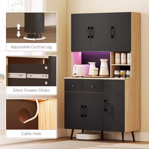 HOMCOM Modern Tall Kitchen Cupboard with RGB LED Lights, Black and Oak, H 176 x W 100 x D 40 cm – 8