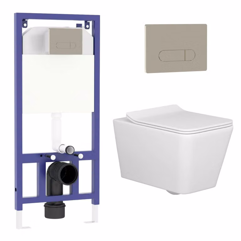 Royal Bathrooms Elena White Ceramic Wall Hung Rimless Toilet with Slim Soft Close Seat and Brushed Nickel Plate Aqua Wall Hung Frame
