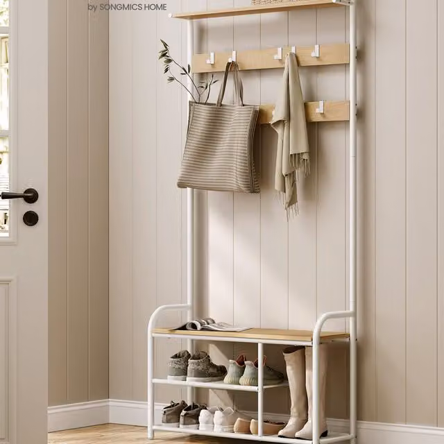 VASAGLE Industrial Hall Tree with Bench, Hooks and Shelves, Yellow