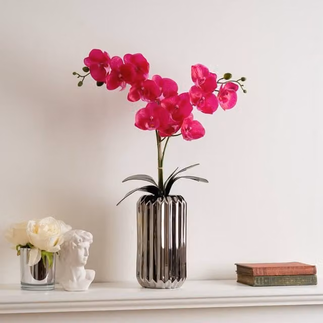 Scottish Everlastings Ltd Pink Orchid in a Tall Silver Ceramic Pot, Height: 65 cm
