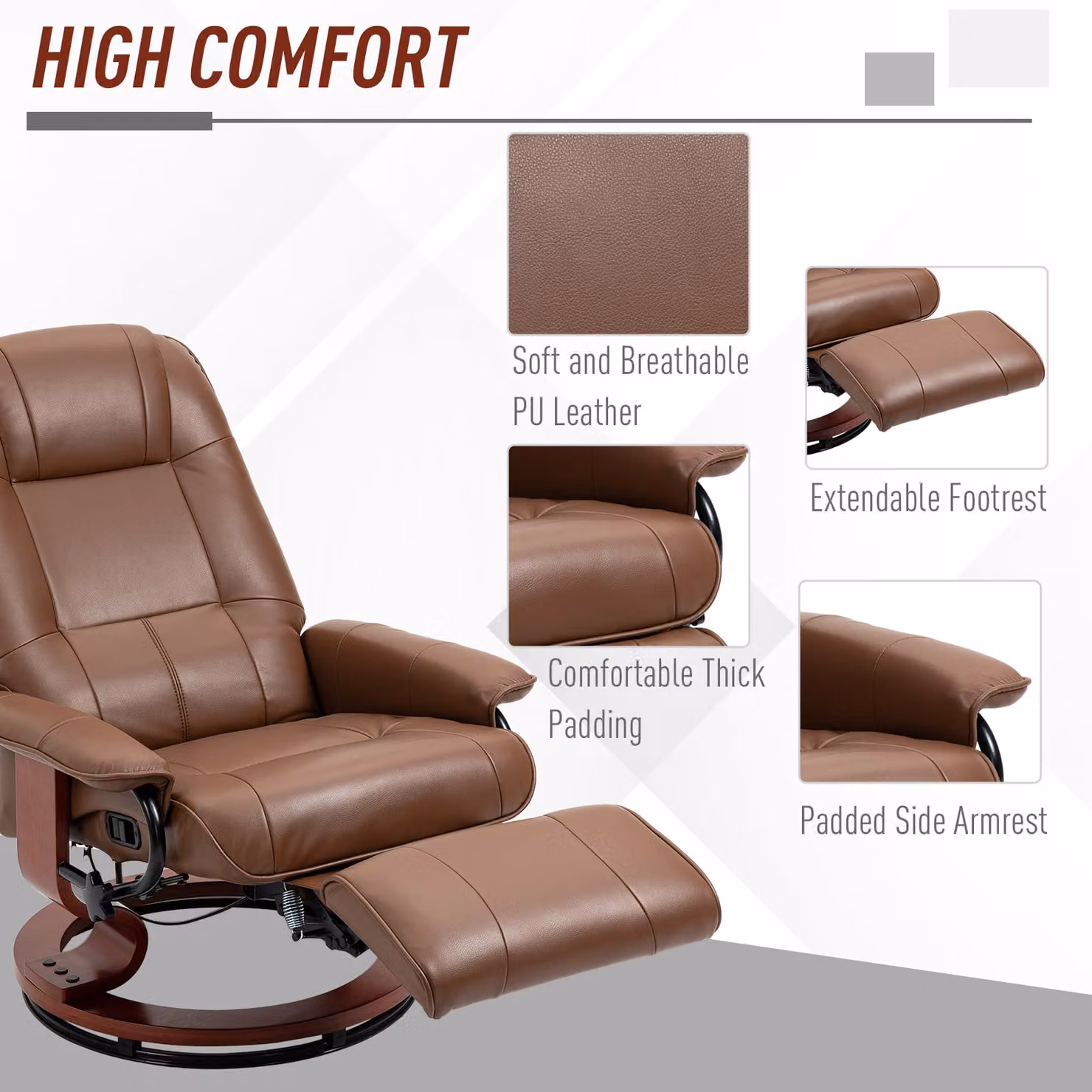 HOMCOM Brown Faux Leather Swivel Recliner Armchair with Wooden Base – 6