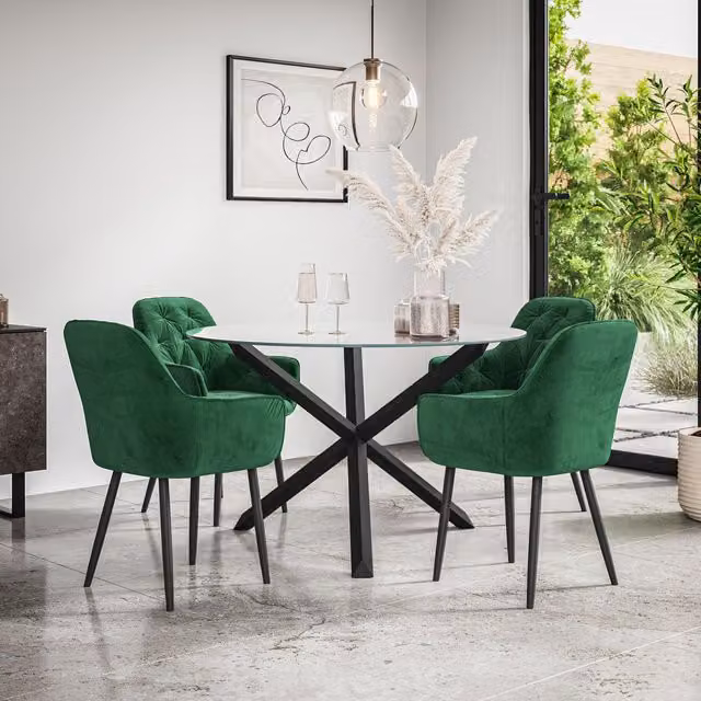 More4Homes Malvern Round Dining Table and Anika Green Velvet Dining Chairs Set, Clear Glass Top with Solid Oak and Black Legs