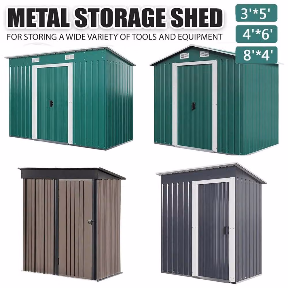 NESTLUNE Brown Metal Garden Storage Shed with Double Doors and Gable Roof – 4