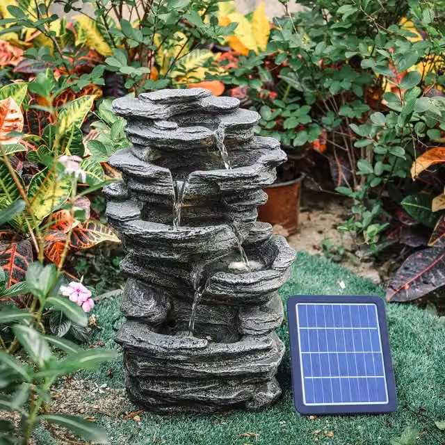 Livingandhome Solar-Powered Rock Stack Shaped Tabletop Water Fountain in Grey