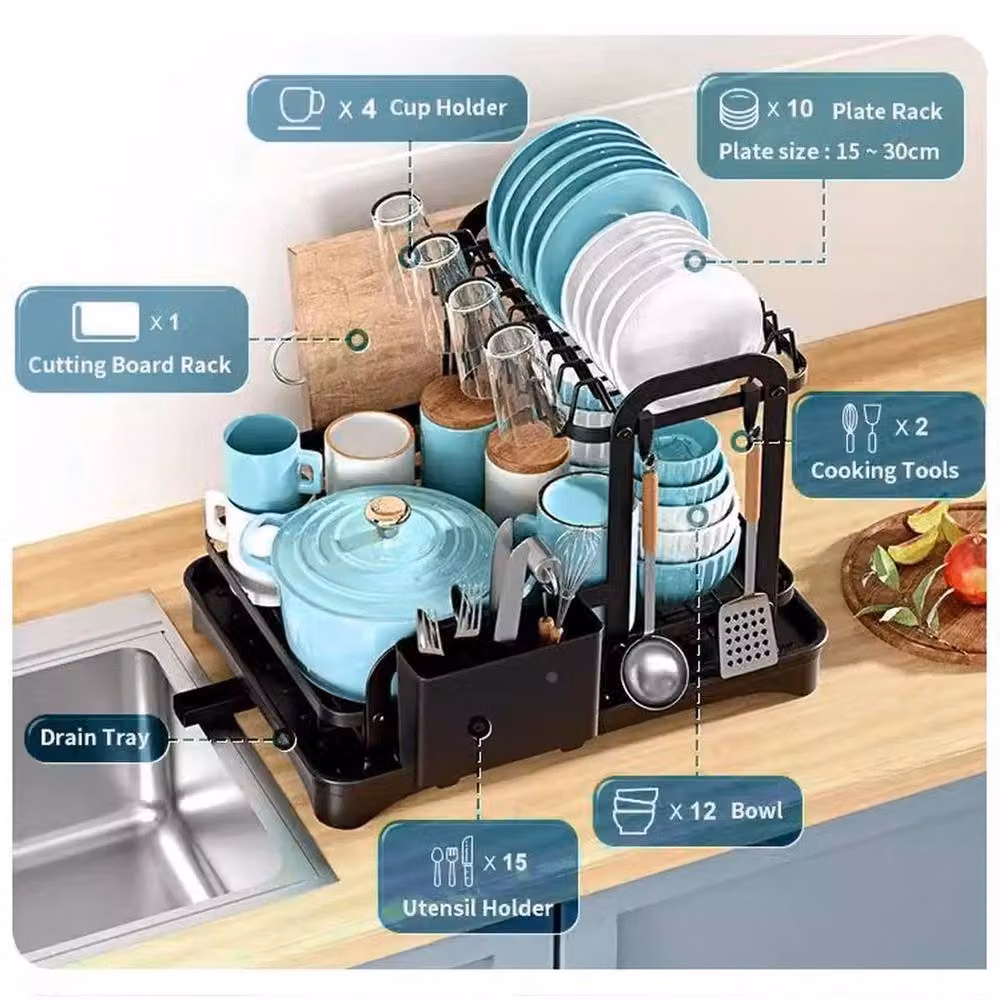 Kelvenix 2 Tier Dish Drainer Rack with Drip Tray, Cutlery Holder and Cup Holder, Black, W: 52 cm, D: 52 cm, H: 32 cm – 5