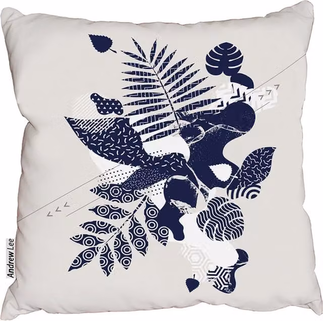 Andrew Lee Blue and White Floral Geometric Square Cushion, W: 60 cm, H: 60 cm, D: 1 cm