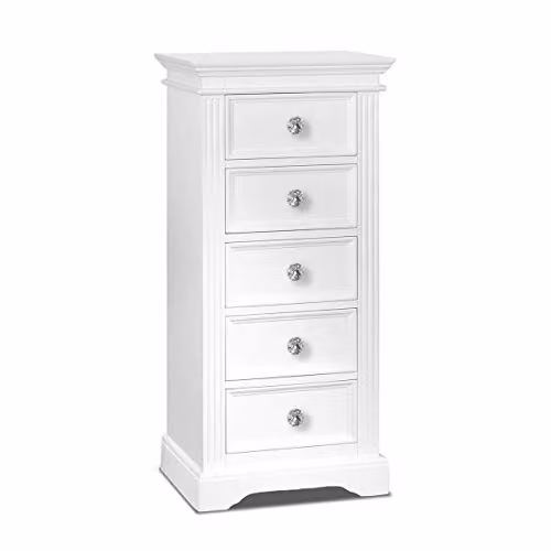 Gainsborough White Narrow Tallboy Chest with 5 Drawers and Crystal Handles, H 105 x W 42.5 x D 90 cm – 1