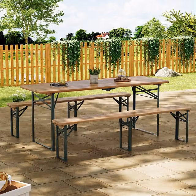 Livingandhome Retro Outdoor Wooden Foldable Table and Bench Set in Brown and Green