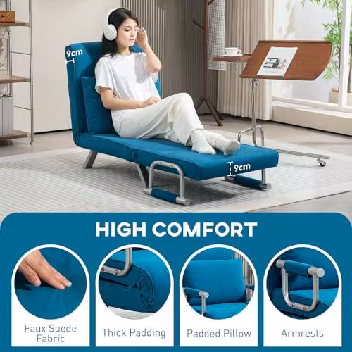 HOMCOM Blue Microfibre Click Clack Convertible Single Chair Bed with Metal Frame and Armrests – 6