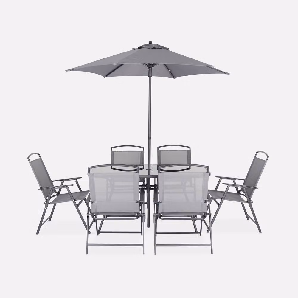 sweeek 6-Seater Grey Metal and Glass Garden Dining Set with Rectangular Table and Foldable Chairs – 2