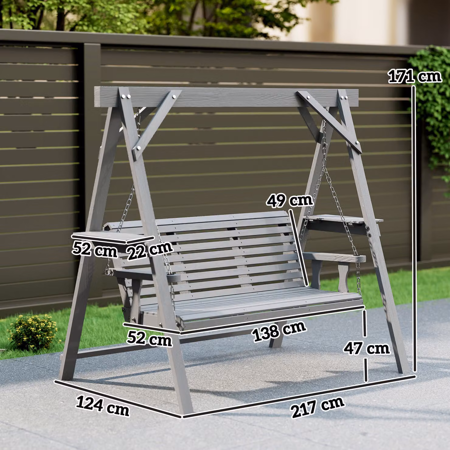 Outsunny Three-Seater Lacquered Treated Hardwood Swing Bench with Armrests and Side Trays, Grey – 3