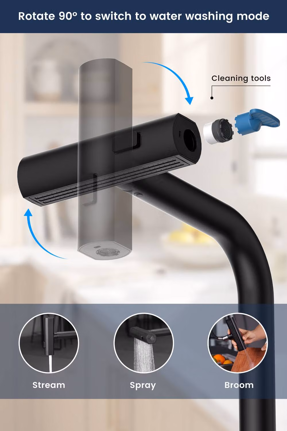 JANLEMNY Waterfall Pull-Out Kitchen Mixer Tap in Matt Black with 3 Functions and 360 Swivel Spout – 2