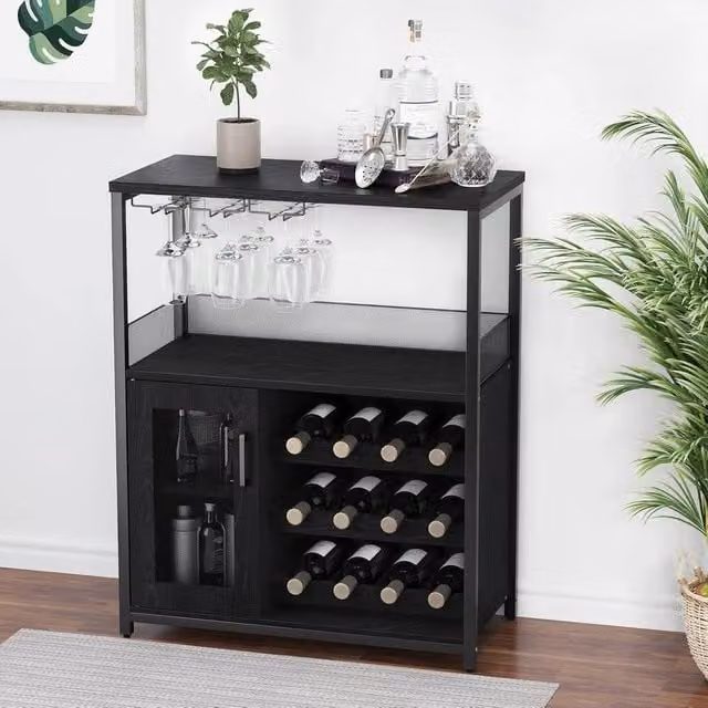 VOGREX Modern Black Wine and Coffee Cabinet with Glass Doors and Removable Wine Rack, H 91.44 cm x W 69.09 cm x D 40 cm – 1