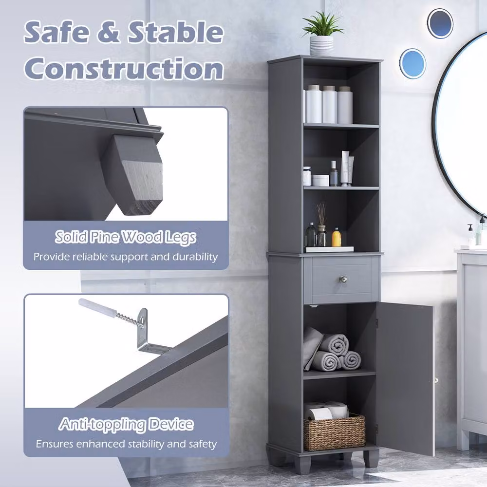 Costway Grey Narrow Freestanding Bathroom Cabinet with 3 Shelves and Drawer, Height: 172 cm – 5