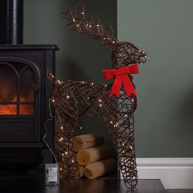 Samuel Alexander Brown Battery Operated Christmas Reindeer with Red Bow and White LEDs, 60 cm