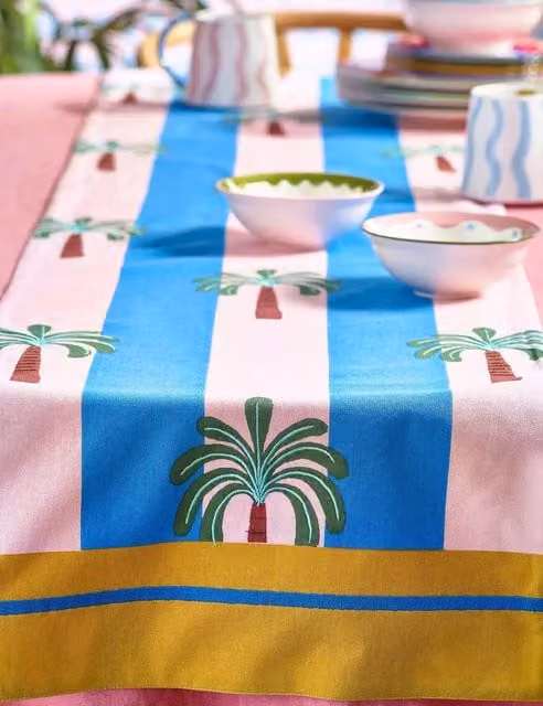 Eleanor Bowmer Electric Coast Palm Tree Pure Cotton Table Runner in Multicolour
