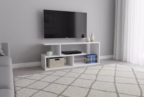 Shefa Eden Compact White Wooden TV Stand with Open Storage Shelves, W: 100 cm, D: 40 cm, H: 29.6 cm – 3