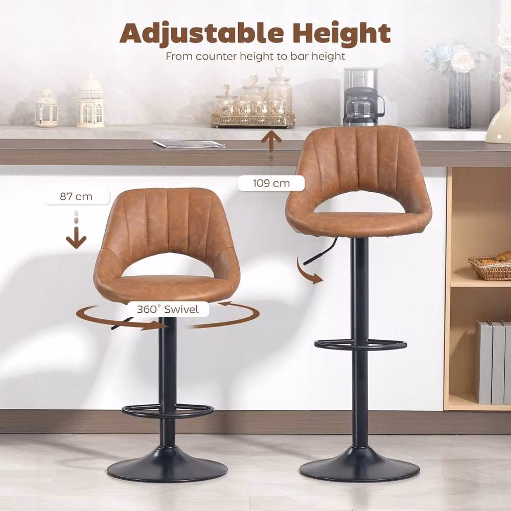 VOGREX Set of 2 Brown Synthetic Leather Swivel Bar Stools with Backrest and Footrest – 4