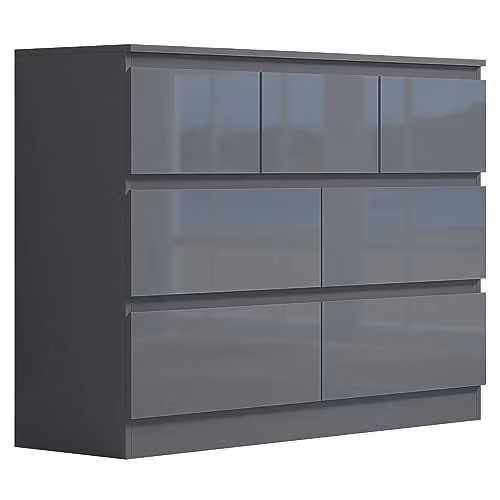 FWStyle Stora 7 Drawer Merchant Chest in Grey High Gloss with Matt Grey Frame, H 81 cm x W 106 cm x D 40 cm