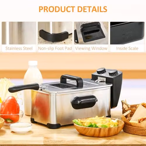 HOMCOM 2000W Deep Fat Fryer with Timer, 3 l, Stainless Steel, Silver – 4