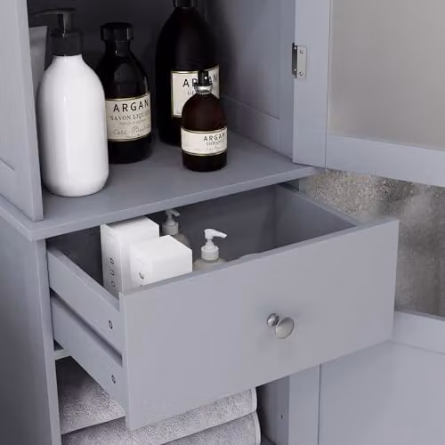 Kleankin Grey Freestanding Bathroom and Home Office Storage Cabinet with Hinged Doors, Internal Shelves and Drawers, H: 171.5 cm, W: 27.0 cm, D: 27.0 cm – 5