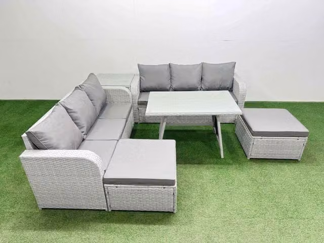 Fimous Rattan High Back Lounge Sofa Set in Light Grey with 3 Seater Sofa, Side Table and 2 Stools
