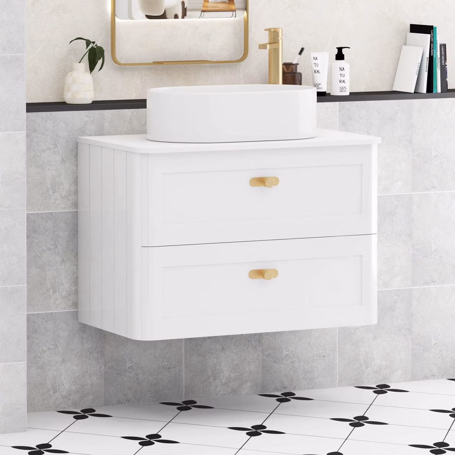Royal Bathrooms Henley 800mm Gloss White Wall Hung 2 Drawer Vanity Unit with Plain White Worktop, Peak Basin and Brushed Brass Knob