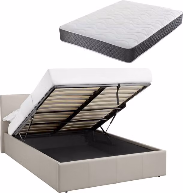 Luna Single Ottoman Bed with Hybrid Spring and Foam Mattress in Beige Faux Leather, W/D/H: 90 x 190 cm