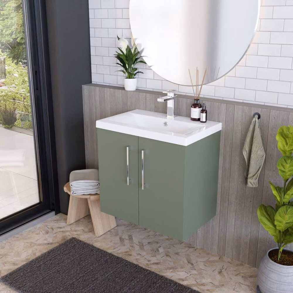 Balterley Contemporary Wall Hung Bathroom Vanity Unit with Mid-Edge Vitreous China Basin, Satin Green, W: 60 cm – 2