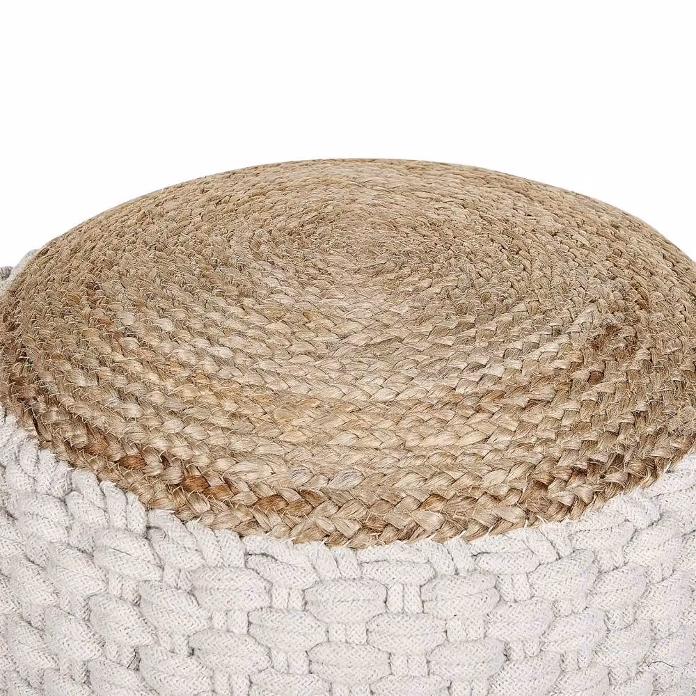 Wyld and Coco Round Knitted Pouf in White and Beige Cotton and Jute, W/D/H: 50 x 35 x 35 cm – 2