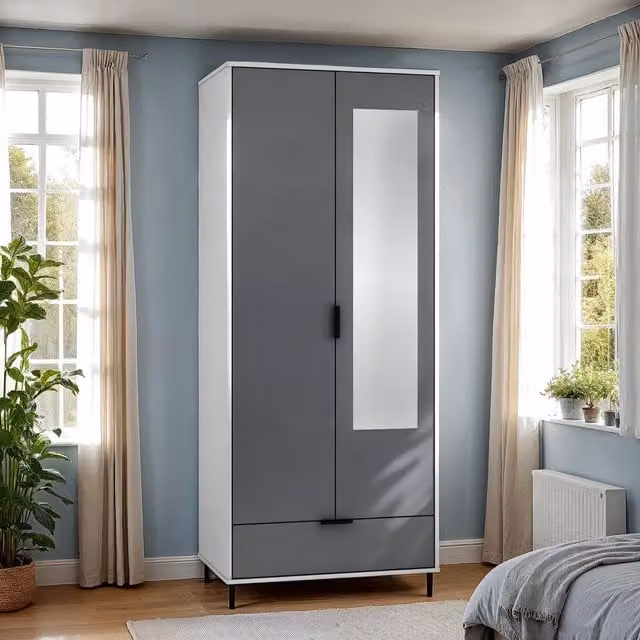 Seconique Modern Glossy Wardrobe with Hinged Doors and Mirror in Grey, White and Black