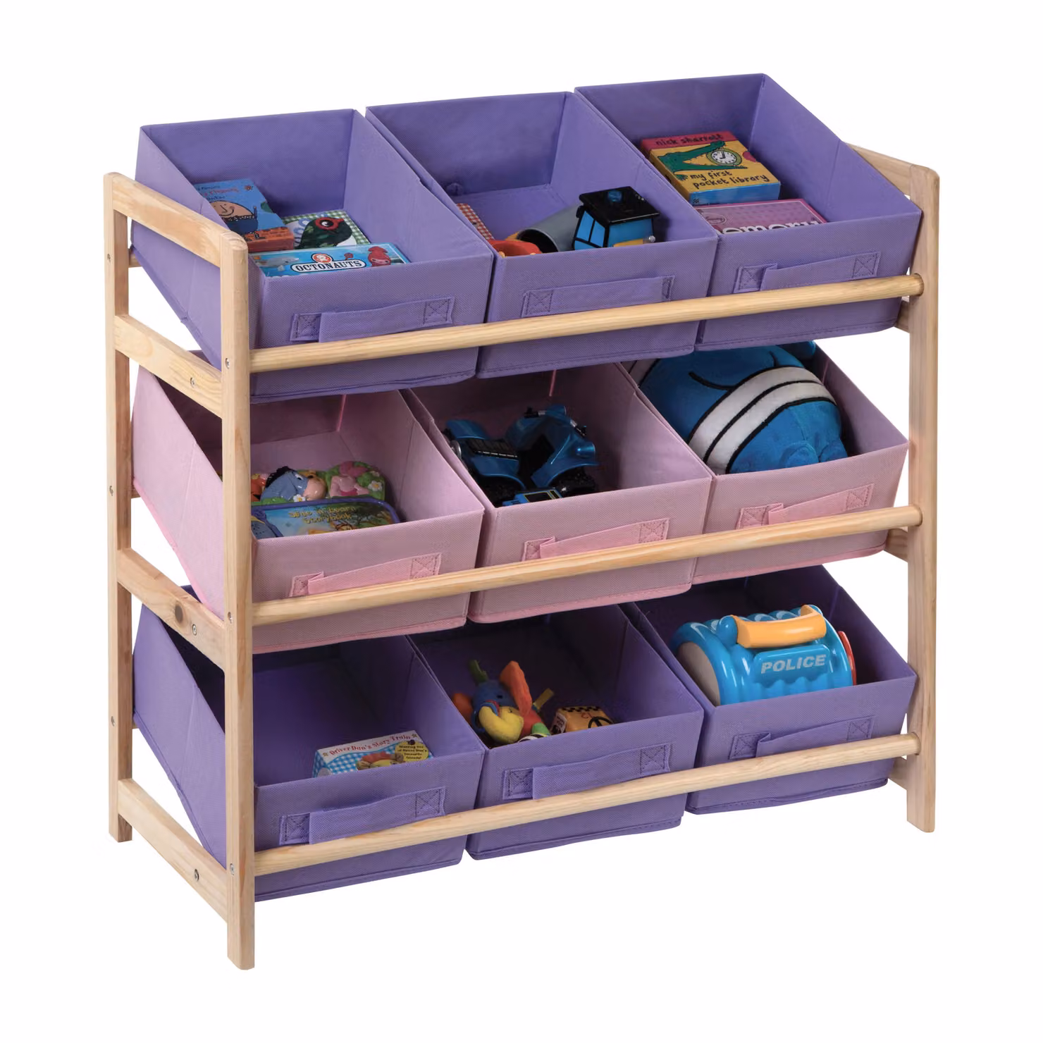 Orsina 9 Canvas Tubs Kids Storage Unit in Natural Pine with Pink and Purple Toy Organisers – 3