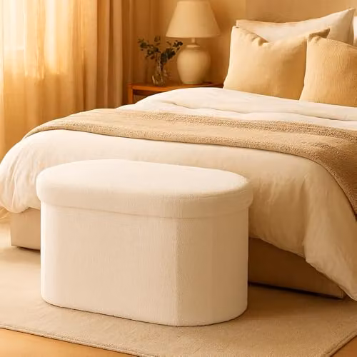 Jack Stonehouse JSH Teddy Boucle Storage Ottoman in White, Large Oval Foldable Pouffe and Foot Rest – 3