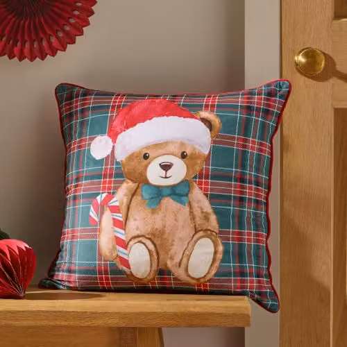 Catherine Lansfield Christmas Tartan Teddy Bear Cushion, Green, W/D/H: 45 x 45 x 45 cm