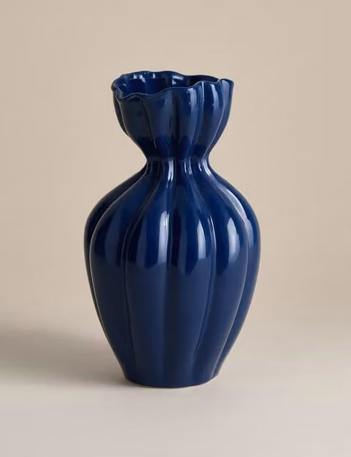 M&S Blue Striped Modern Ceramic Tabletop Vase
