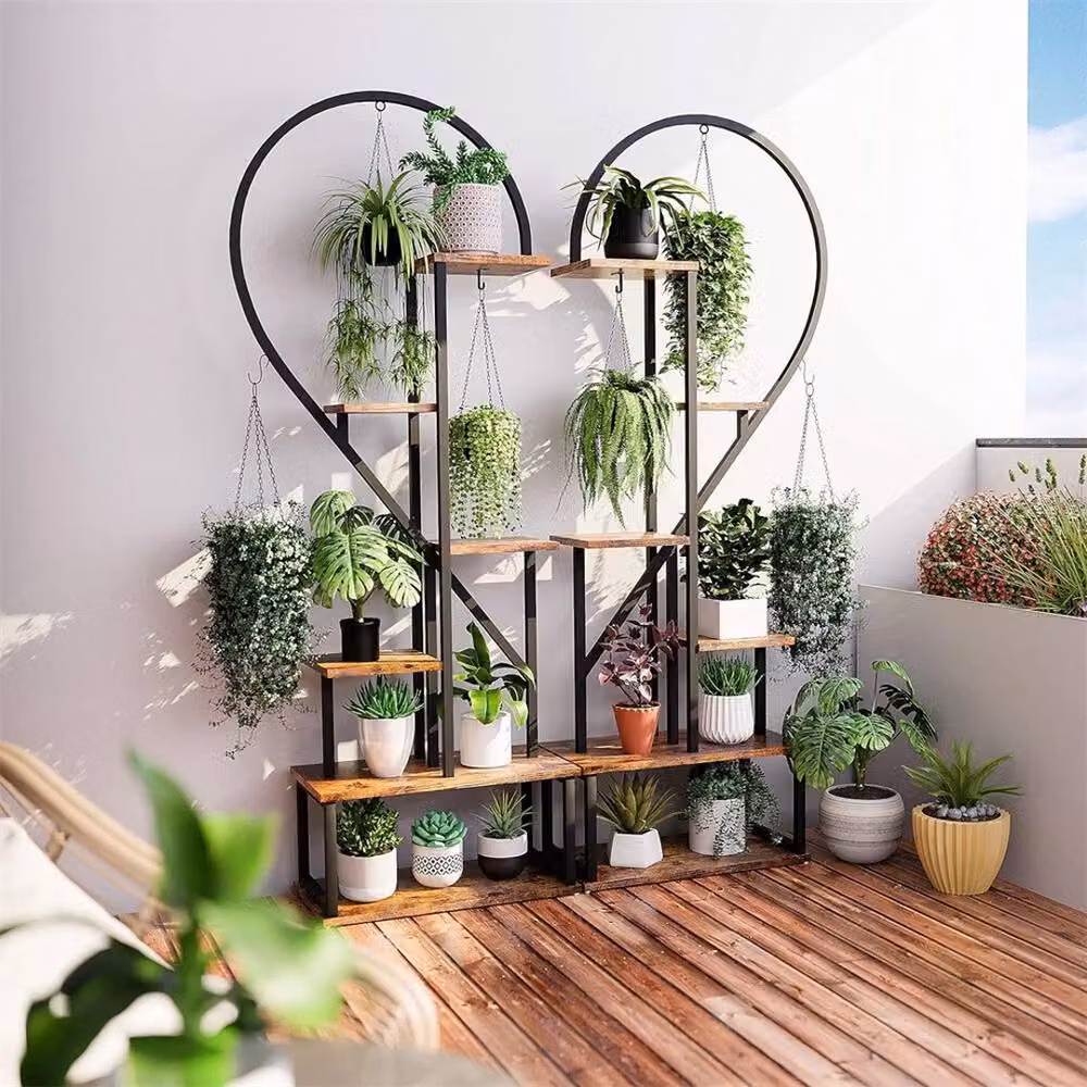 Havendro 2-Piece XL Black Metal and Wood Hanging Plant Rack for Outdoor Gardens and Terraces – 4