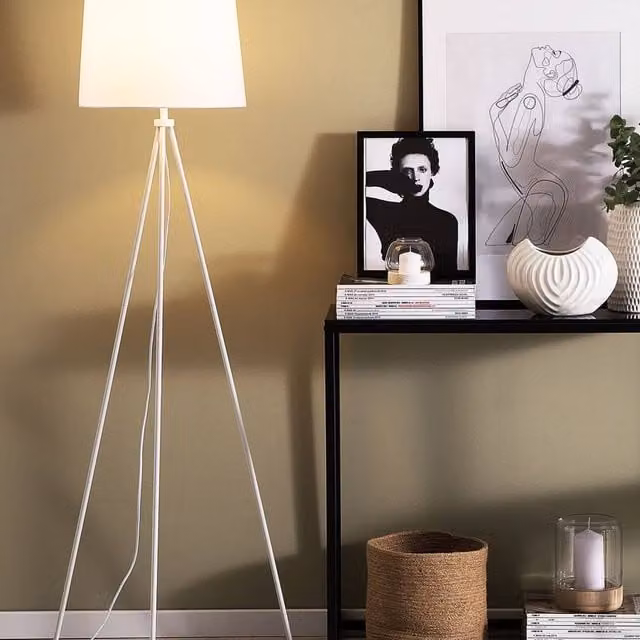 Wyld and Coco Brightline Tripod Floor Lamp in White Metal with Fabric Cylinder Shade, Height: 149 cm