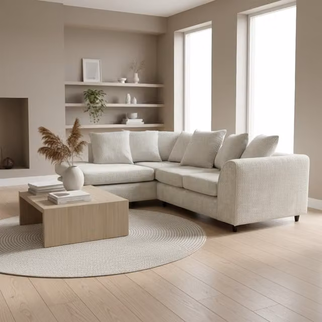 Abakus Direct Jumbo L-Shape Corner Sofa in Soft Chenille with Left-Hand Chaise Extension, Cream