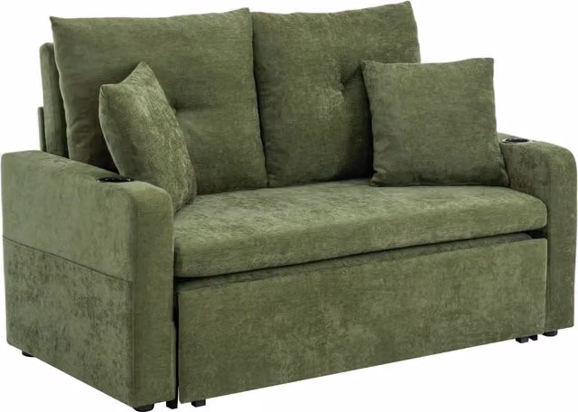 Livingandhome 2-Seater Green Microfibre Upholstered Sofa Bed with Scatter Cushions and Cup Holders