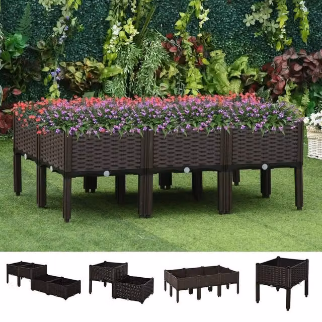 Outsunny Set of 6 Brown Plastic WPC Raised Garden Beds for Vegetables, Herbs and Ornamental Plants