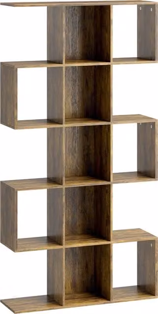 HOMCOM 5-Tier S-Shaped Geometric Bookshelf with 15 Compartments in Rustic Brown – 1