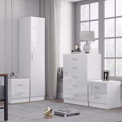 Reflect Modern Bedroom Furniture Set in White Gloss and Matt White Finish, including 1 Door Wardrobe, 5 Drawer Chest, and 2 Bedside Tables – 1