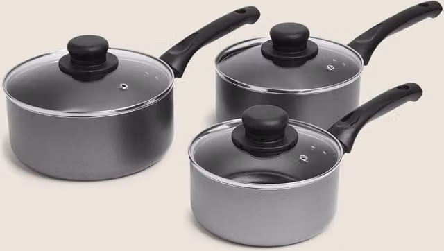 M&S 3 Piece Grey Aluminium Non-Stick Saucepan Set