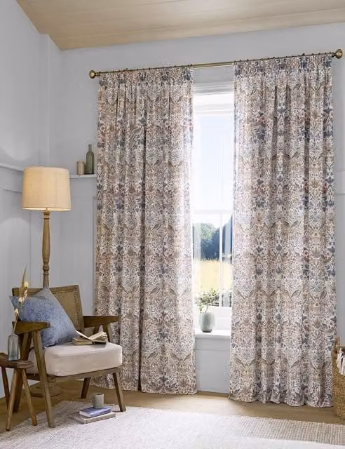 William Morris At Home Strawberry Thief Pencil Pleat Cotton Curtains, Blue Multicolour, H: 229 cm x W: 168 cm