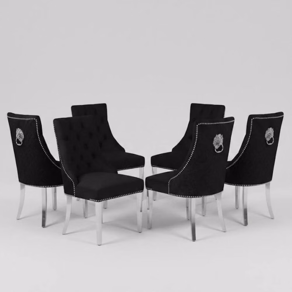 Home Luxe Interior Set of 6 Minister Black Brushed Velvet Lion Knocker Dining Chairs with Pearl Details – 2