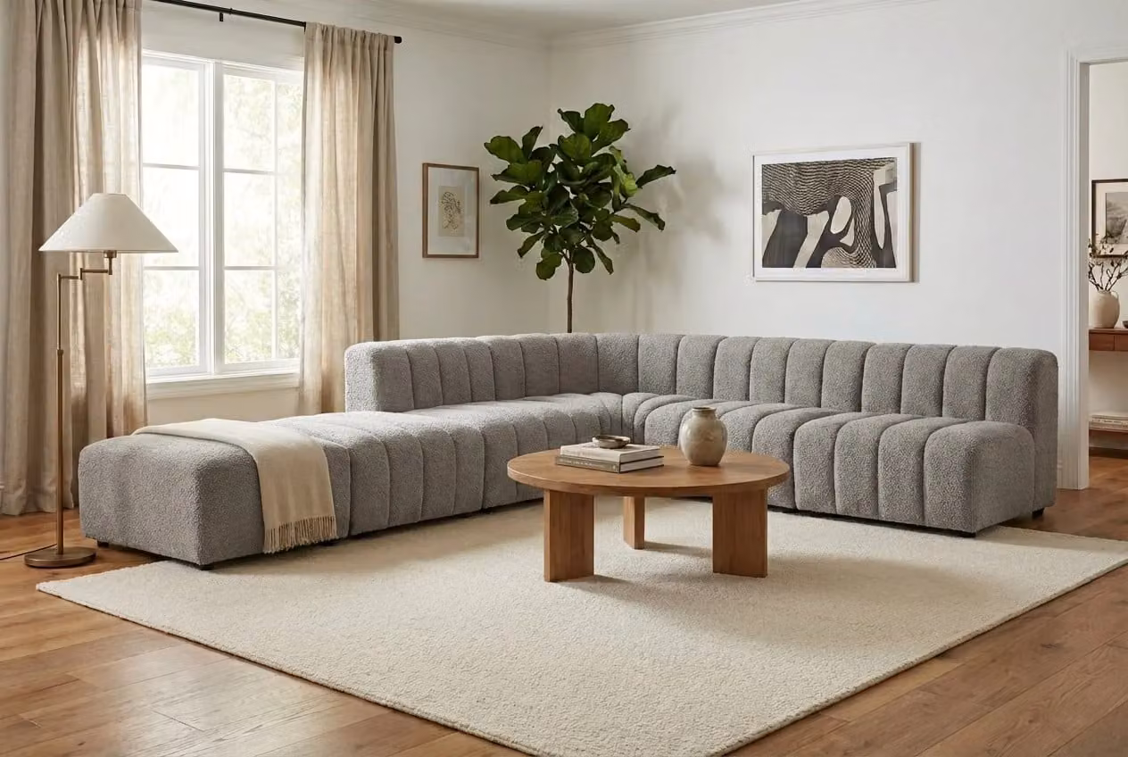 Araco Atelier Leo Left-Facing L-Shape Corner Sofa in Grey Fabric with Scatter Cushions