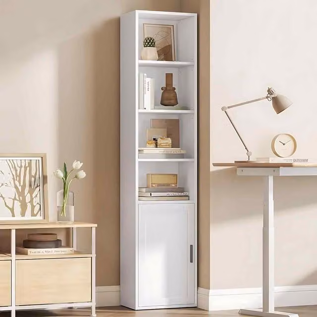 The Bazaarist 6 Tier Storage Bookcase with Door and Adjustable Shelves, Cloud White